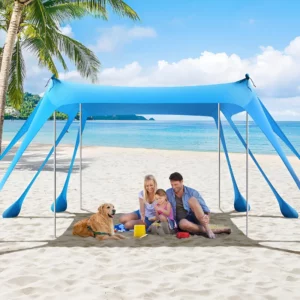 10x10 Beach Tent Sun Shelter with UPF50+ Protection, 8 Sandbags, and 4 Stability Poles, in Sky Blue.