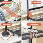 Over-the-sink dish drying rack with customizable components.