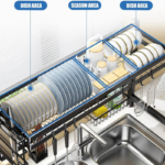 Over-the-sink dish drying rack with customizable components.