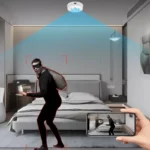 Mini Camera WiFi Smoke Detector with 1080P HD live streaming, wide-angle lens, motion detection, and night vision.