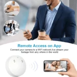 Mini Camera WiFi Smoke Detector with 1080P HD live streaming, wide-angle lens, motion detection, and night vision.