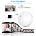 Mini Camera WiFi Smoke Detector with 1080P HD live streaming, wide-angle lens, motion detection, and night vision.