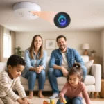 Smoke detector-style hidden camera with 1080P WiFi and night vision, mounted on ceiling for discreet indoor surveillance