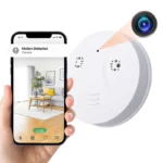 Smoke detector-style hidden camera with 1080P WiFi and night vision, mounted on ceiling for discreet indoor surveillance