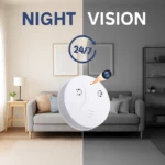 Smoke detector-style hidden camera with 1080P WiFi and night vision, mounted on ceiling for discreet indoor surveillance